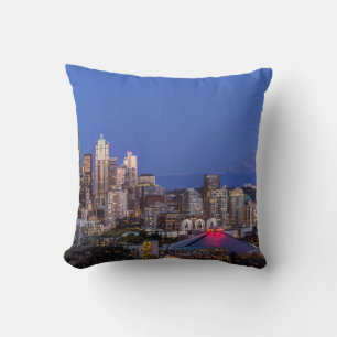 Seattle, Downtown and Mt. Rainier at Twilight Throw Pillow
