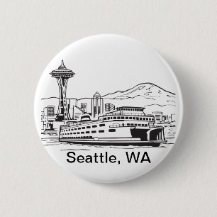 Seattle Ferry & Skyline Line Art Washington State 2 Inch Round Button