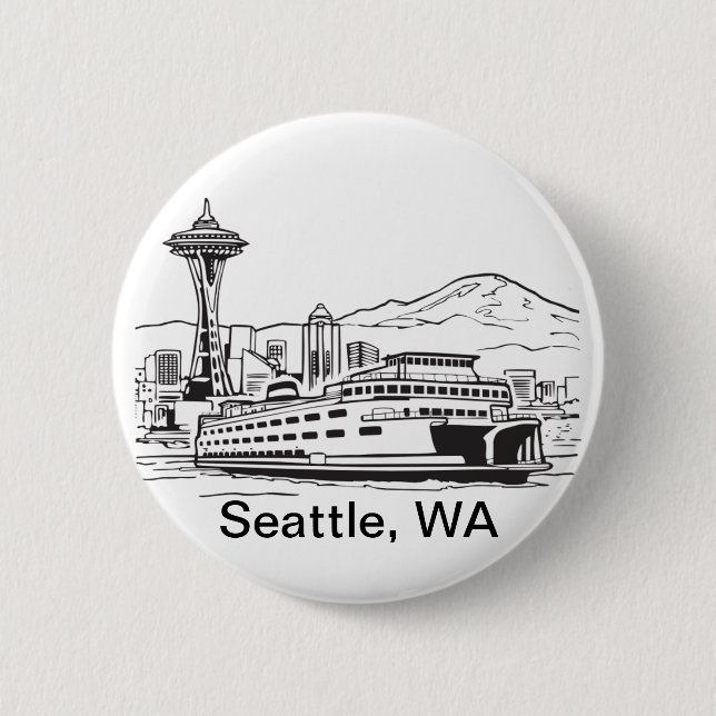 Seattle Ferry & Skyline Line Art Washington State 2 Inch Round Button (Front)