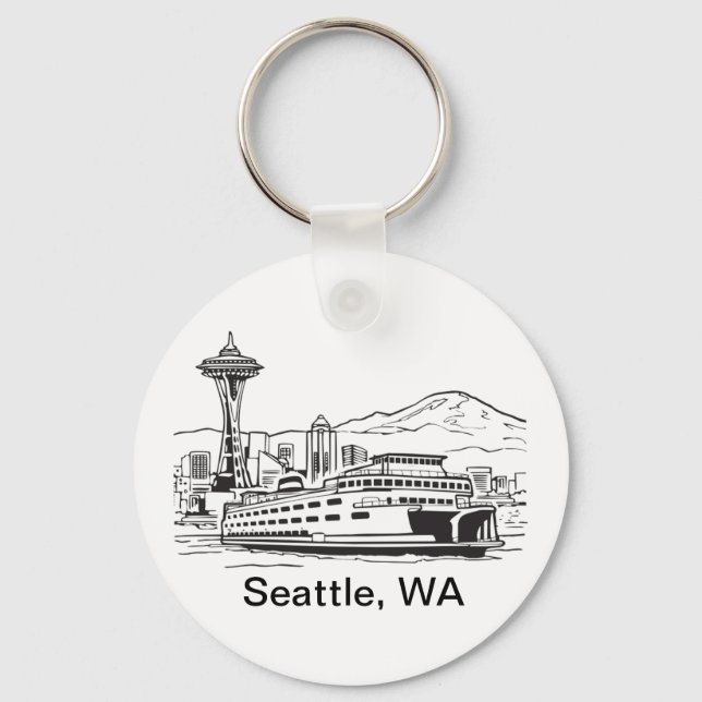 Seattle Ferry & Skyline Line Art Washington State Keychain (Front)