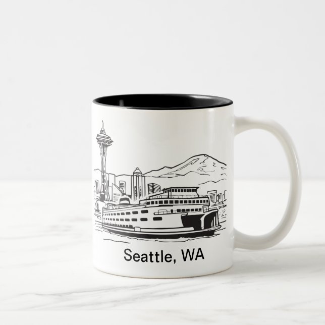 Seattle Ferry & Skyline Line Art Washington State Two-Tone Coffee Mug (Right)