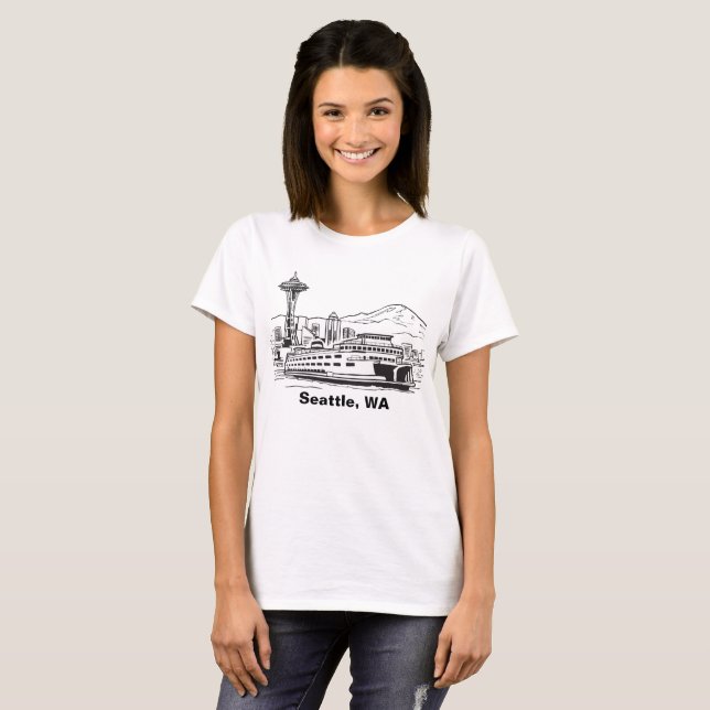 Seattle Ferry & Skyline Washington State Line Art  T-Shirt (Front Full)