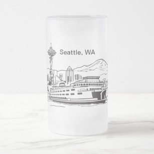 Seattle Ferry Washington State Line Art Frosted Glass Beer Mug