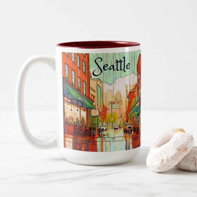 Seattle in The Rain  Two-Tone Coffee Mug (With Donut)