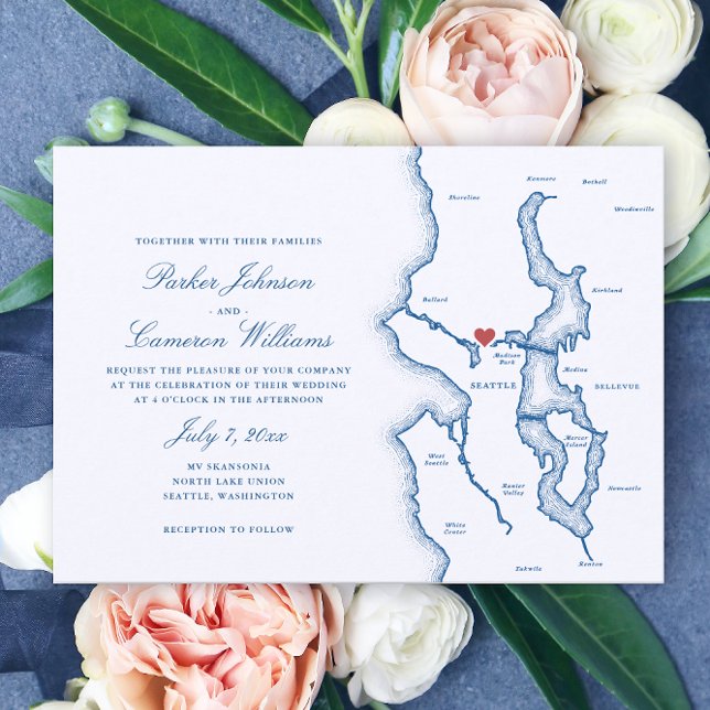 Seattle Lake Washington Map Elegant Navy Wedding Invitation (Seattle Lake Washington Wedding Invitation in Elegant Navy Blue from Coastal Map Designs)