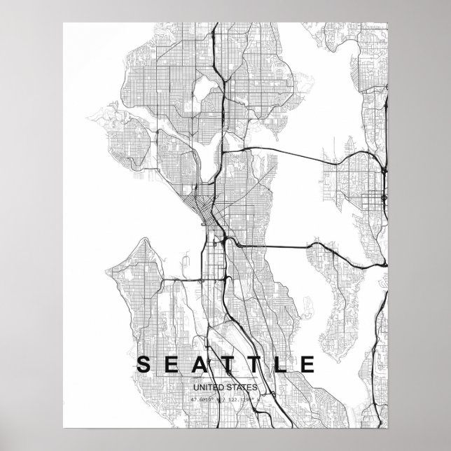 Seattle Minimalist Map (Black & White) Poster (Front)