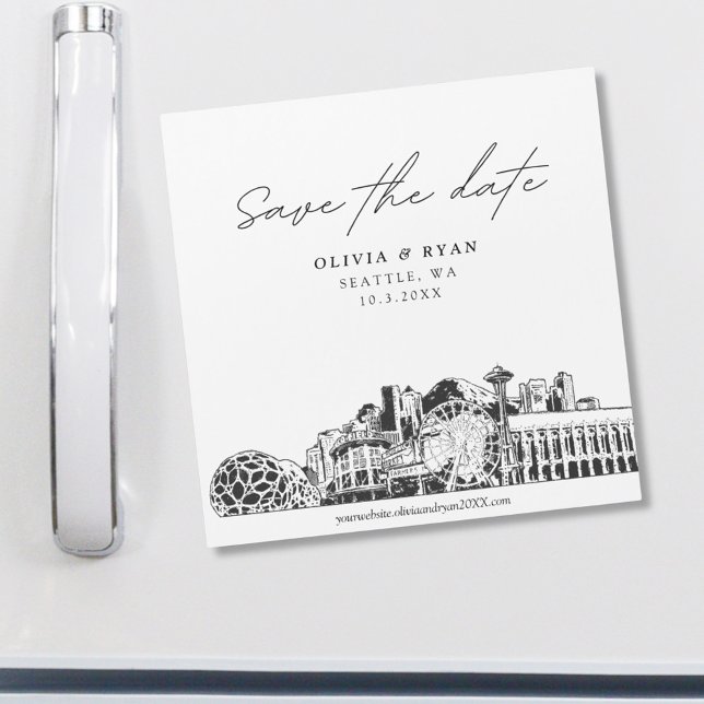 Seattle Modern Sketch Square Save the Date Magnet (Seattle Skyline Sketch)