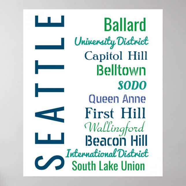 Seattle Neighborhoods Typography Poster (Front)