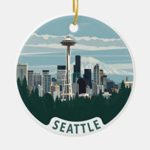 Seattle Skyline and Mount Rainier Ceramic Ornament