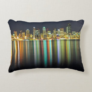 Seattle skyline at night with reflection accent pillow