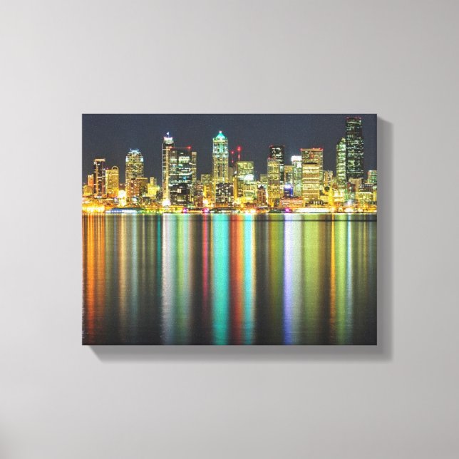 Seattle skyline at night with reflection canvas print (Front)