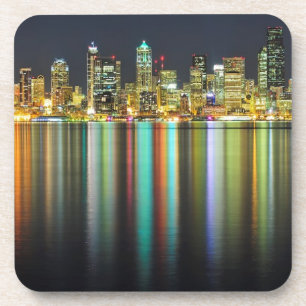Seattle skyline at night with reflection coaster