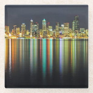 Seattle skyline at night with reflection glass coaster