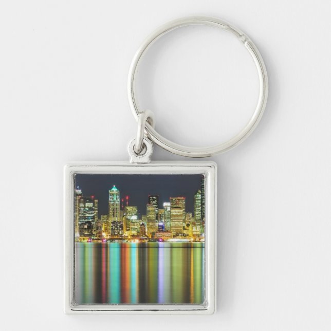 Seattle skyline at night with reflection keychain (Front)
