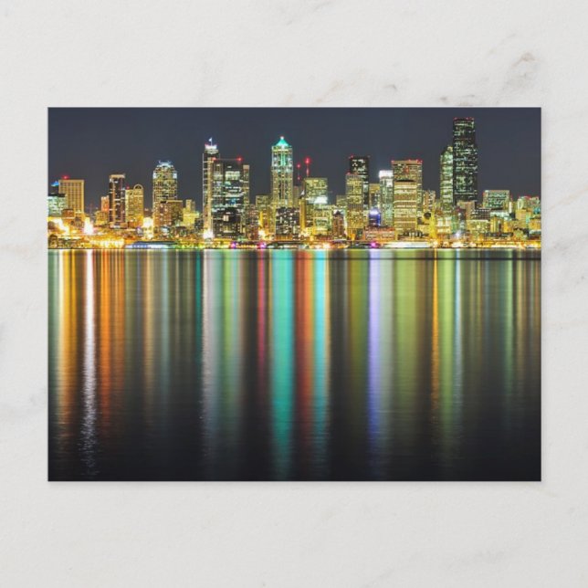 Seattle skyline at night with reflection postcard (Front)
