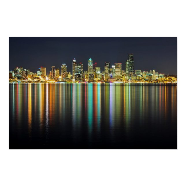Seattle skyline at night with reflection poster (Front)