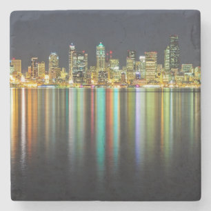 Seattle skyline at night with reflection stone coaster