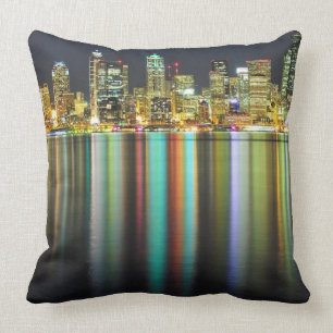 Seattle skyline at night with reflection throw pillow