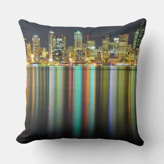 Seattle skyline at night with reflection throw pillow (Front)