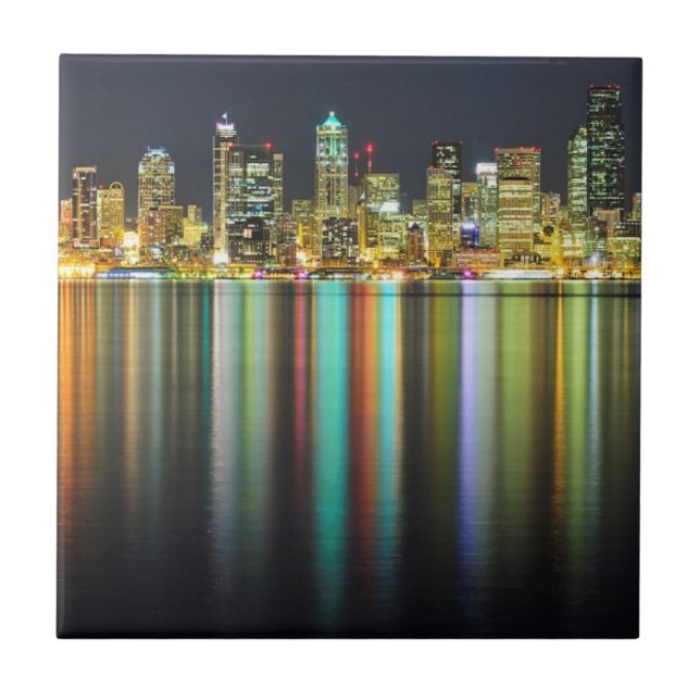 Seattle skyline at night with reflection tile (Front)