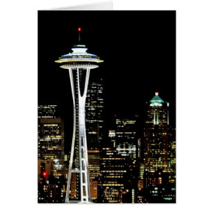 Seattle skyline at night, with Space Needle.