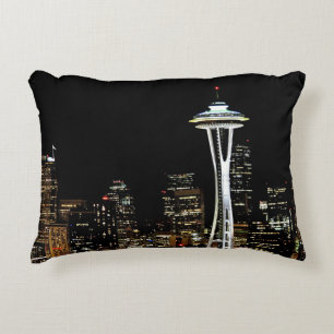 Seattle skyline at night, with Space Needle. Accent Pillow