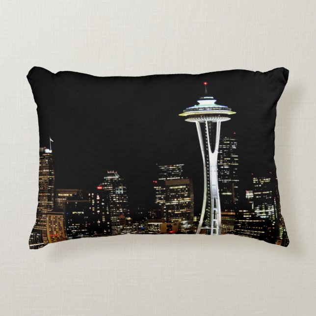 Seattle skyline at night, with Space Needle. Accent Pillow (Front)