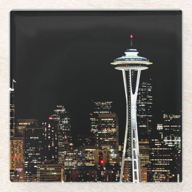 Seattle skyline at night, with Space Needle. Glass Coaster (Front)