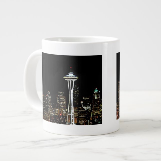 Seattle skyline at night, with Space Needle. Large Coffee Mug (Front Left)