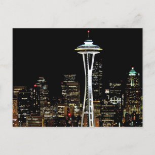 Seattle skyline at night, with Space Needle. Postcard