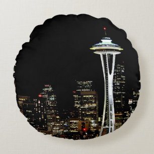 Seattle skyline at night, with Space Needle. Round Pillow