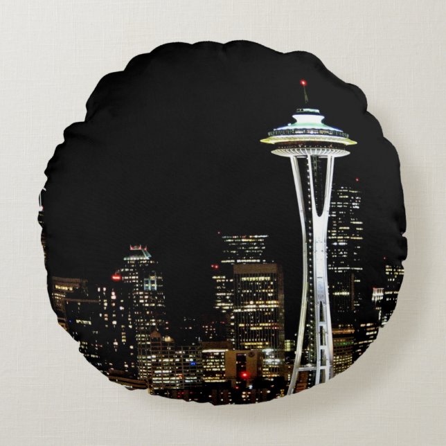 Seattle skyline at night, with Space Needle. Round Pillow (Front)
