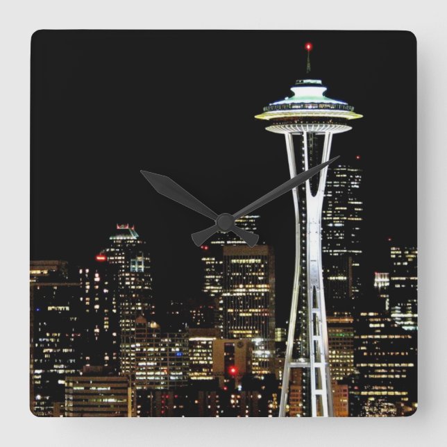 Seattle skyline at night, with Space Needle. Square Wall Clock (Front)