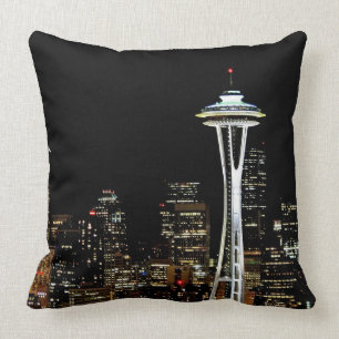 Seattle skyline at night, with Space Needle. Throw Pillow