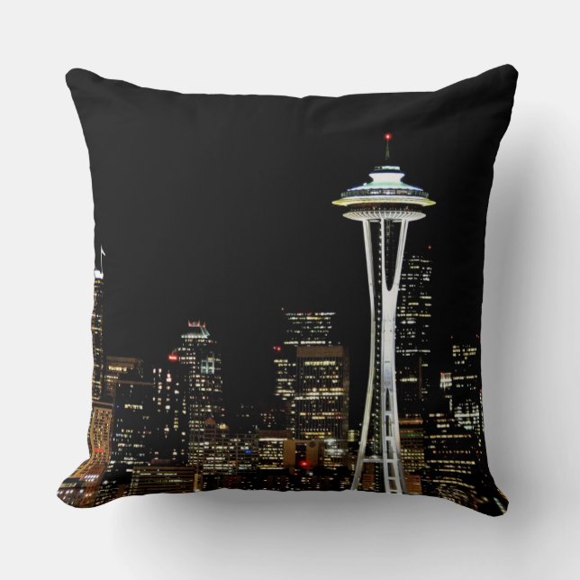 Seattle skyline at night, with Space Needle. Throw Pillow (Front)