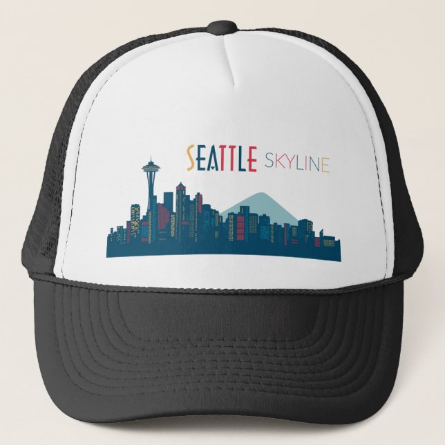 Seattle Skyline Blue Trucker Hat (Front)
