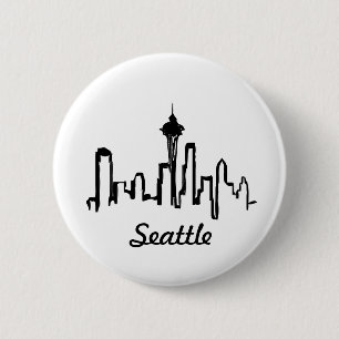 seattle skyline in black ink 2 inch round button