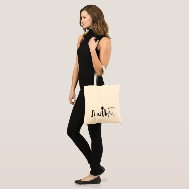 seattle skyline in black ink tote bag (Front (Model))