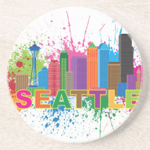 Seattle Skyline Paint Splatter Illustration Coaster