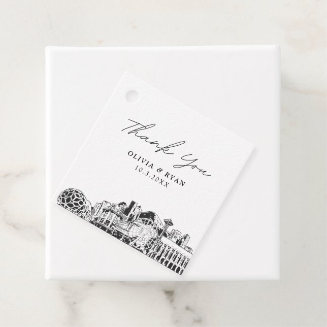 Seattle Skyline Sketch Wedding Modern Favour Tag (In Situ)