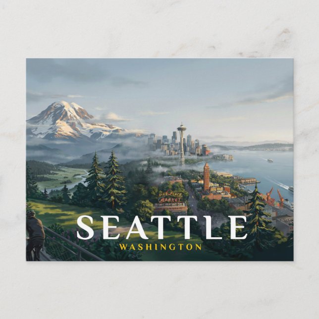 Seattle Skyline Space Needle Mount Rainier Travel Postcard (Front)