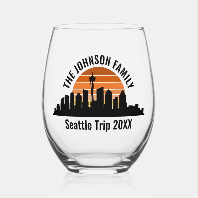 Seattle Skyline Sunset Custom Family Trip Stemless Wine Glass (Front)