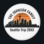 Seattle Skyline Sunset Custom Family Vacation Magnet<br><div class="desc">Cool customized Seattle trip magnets featuring the city skyline at sunset. A silhouette of the city buildings in Washington,  including the space needle above your personalized text for your family vacation.</div>