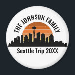 Seattle Skyline Sunset Custom Family Vacation Magnet<br><div class="desc">Cool customized Seattle trip magnets featuring the city skyline at sunset. A silhouette of the city buildings in Washington, including the space needle above your personalized text for your family vacation.</div>