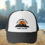 Seattle Skyline Sunset Custom Family Vacation Trucker Hat<br><div class="desc">Cool customized Seattle trip hats featuring the city skyline at sunset. A silhouette of the city buildings in Washington,  including the space needle above your personalized text for your family vacation.</div>