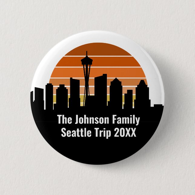 Seattle Skyline Sunset Trip Keepsake Personalized 2 Inch Round Button (Front)