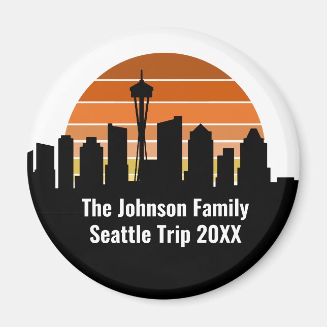 Seattle Skyline Sunset Trip Keepsake Personalized Magnet (Front)