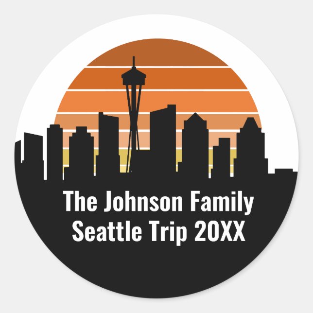 Seattle Skyline Sunset Trip Personalized Classic Round Sticker (Front)