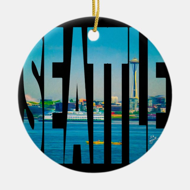 Seattle Skyline Typography Modern Photo Holiday Ceramic Ornament (Front)