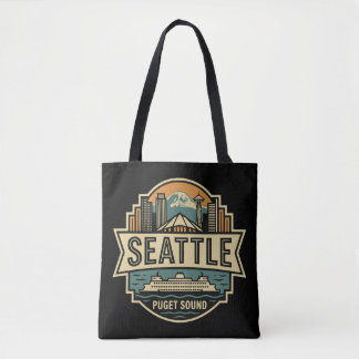 Seattle Skyline Washington USA Retro Badge Tote Bag